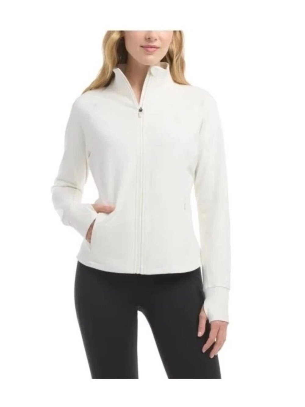 Jockey Womens XS Off White Full-Zip Mock Neck Jacket With Thumbholes